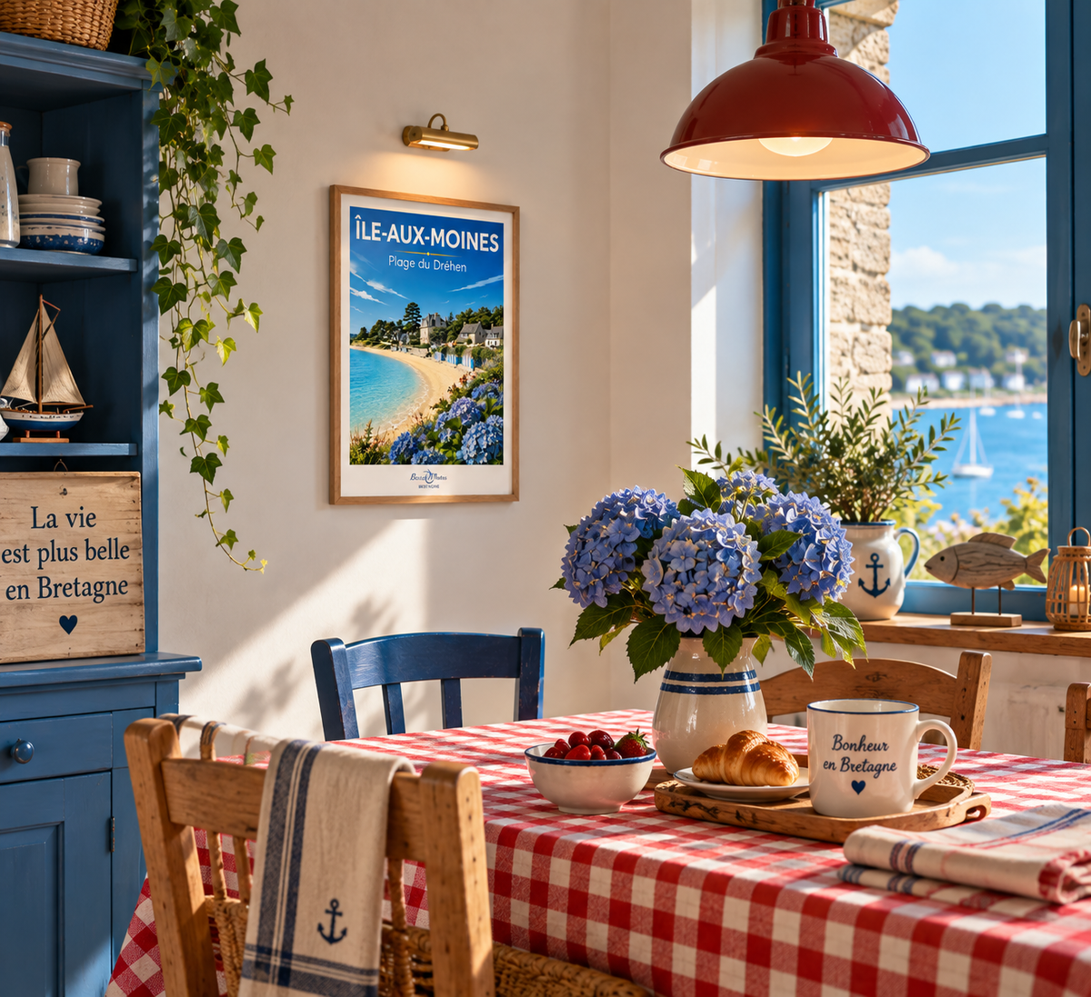 Affiche — Île-aux-Moines — Plage du Dréhen mise en situation dans un intérieur