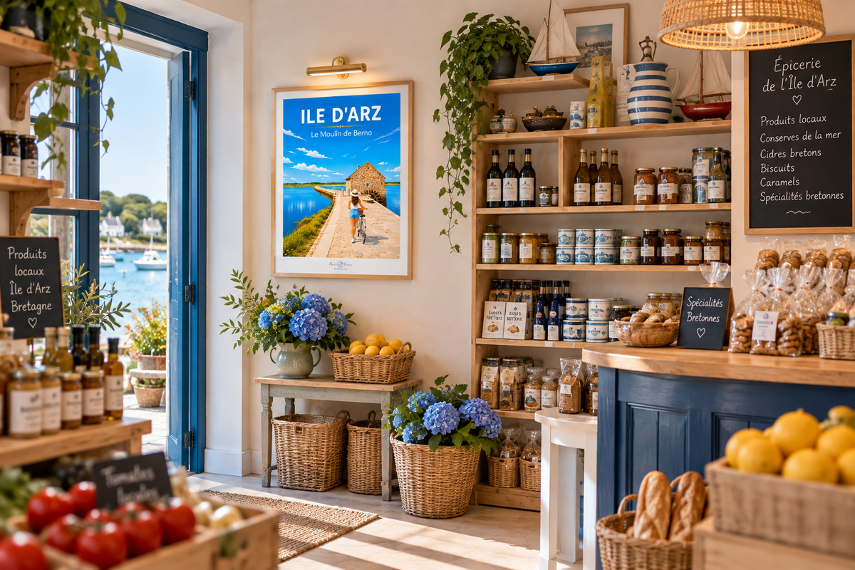 Affiche — Île-d’Arz — Le Moulin de Berno mise en situation dans un intérieur