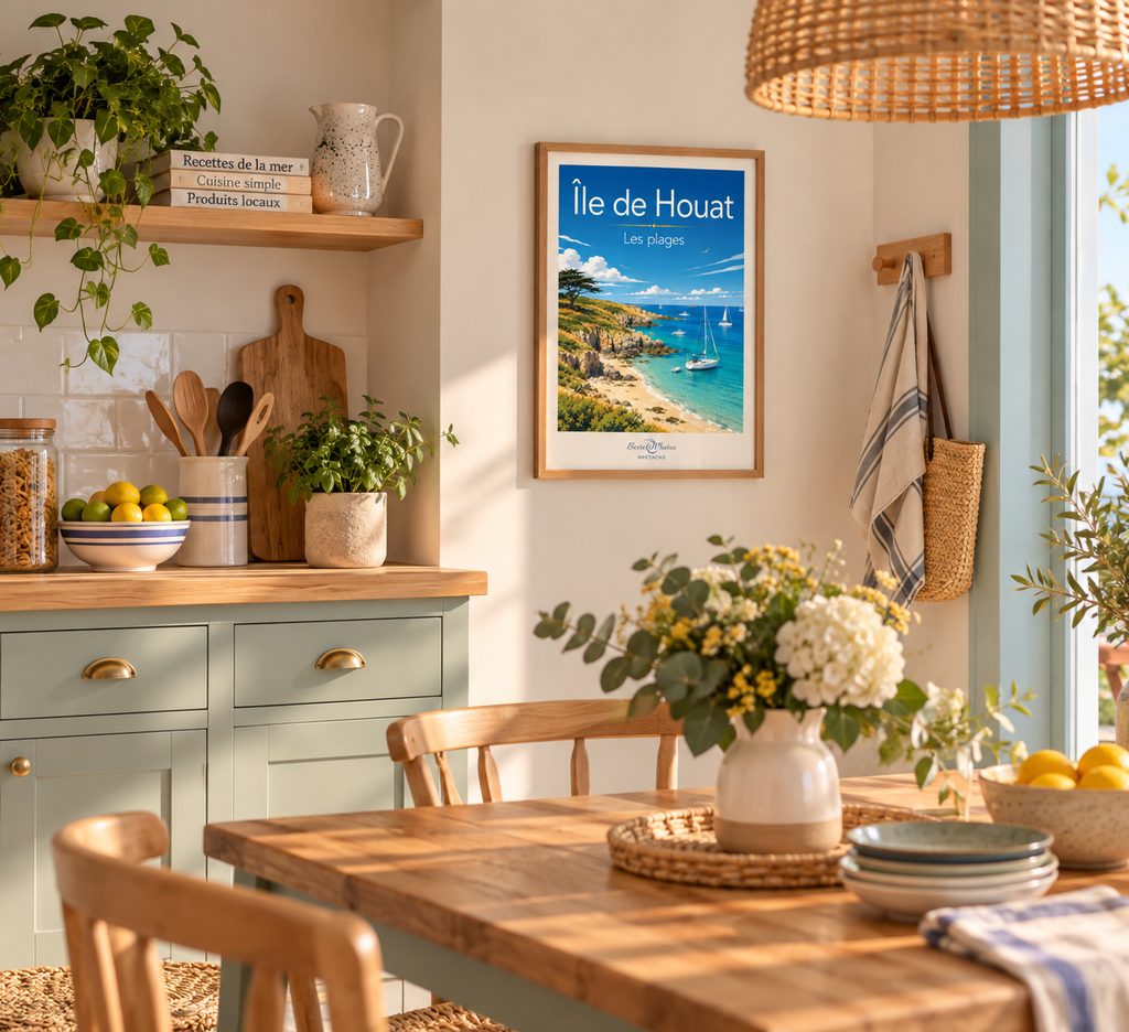 Affiche — Île de Houat — Les Plages mise en situation dans un intérieur
