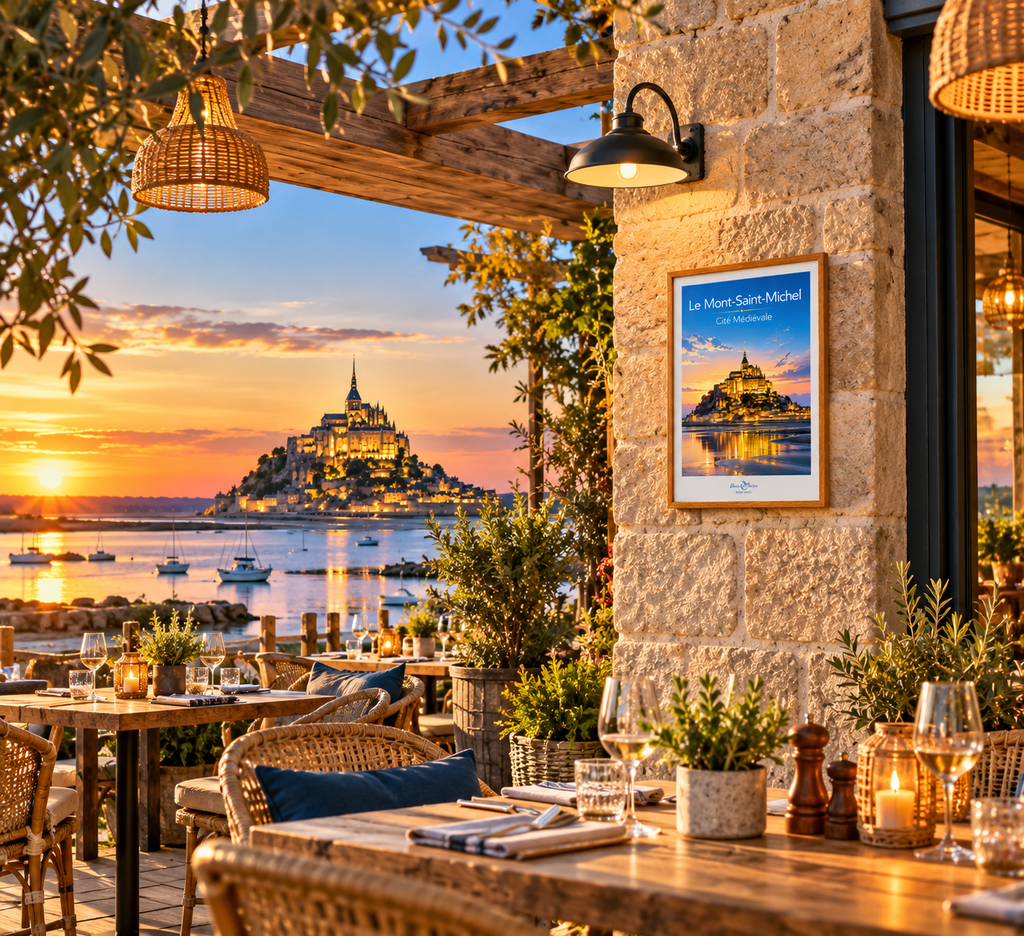 Affiche — Le Mont-Saint-Michel — Cité médiévale mise en situation dans un intérieur
