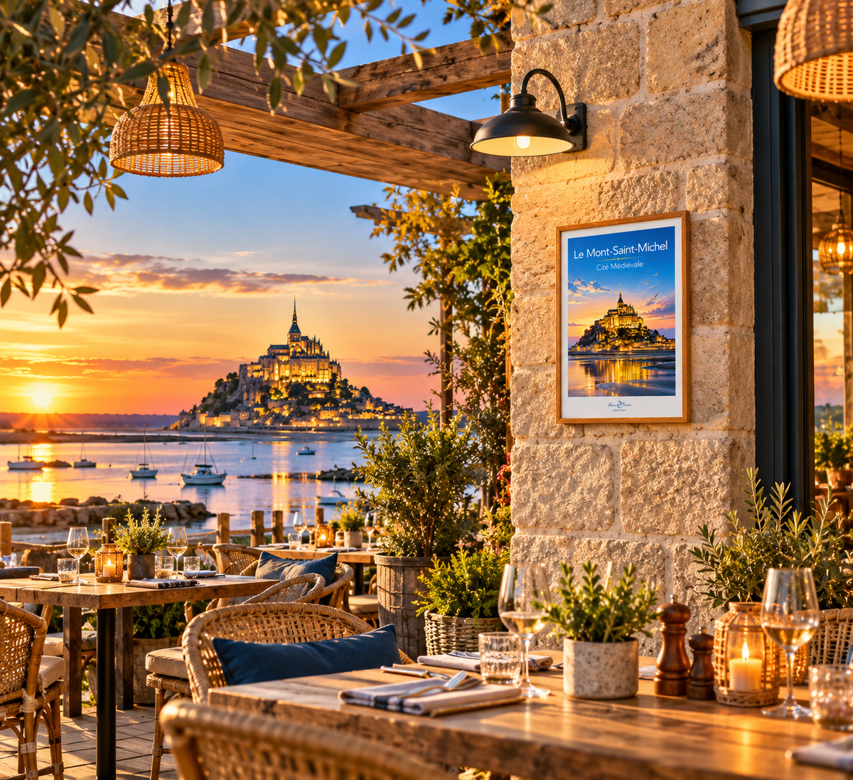 Affiche — Le Mont-Saint-Michel — Cité médiévale mise en situation dans un intérieur