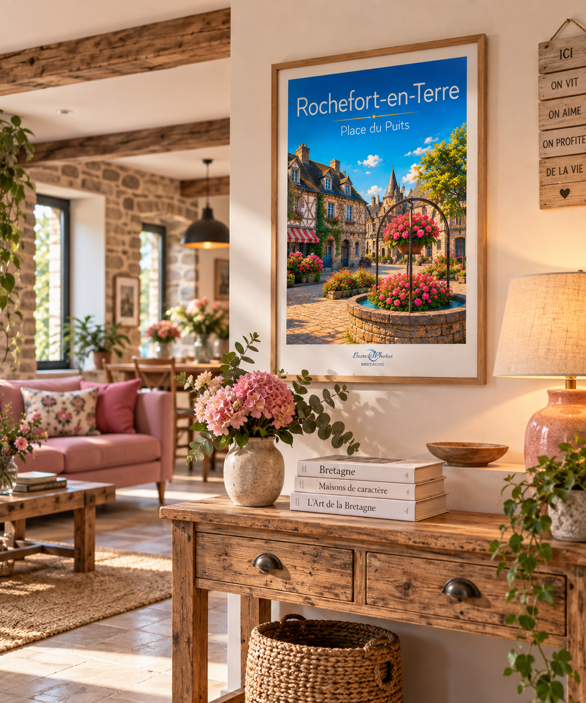 Affiche — Rochefort-en-Terre — La Place du Puits mise en situation dans un intérieur