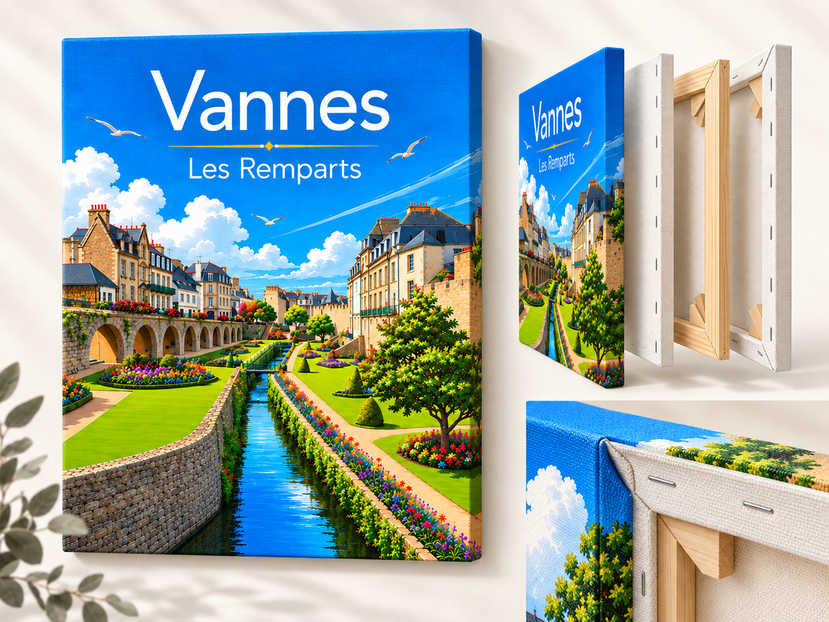 Aperçu de fabrication d’une toile Vannes tendue sur châssis bois avec vue éclatée