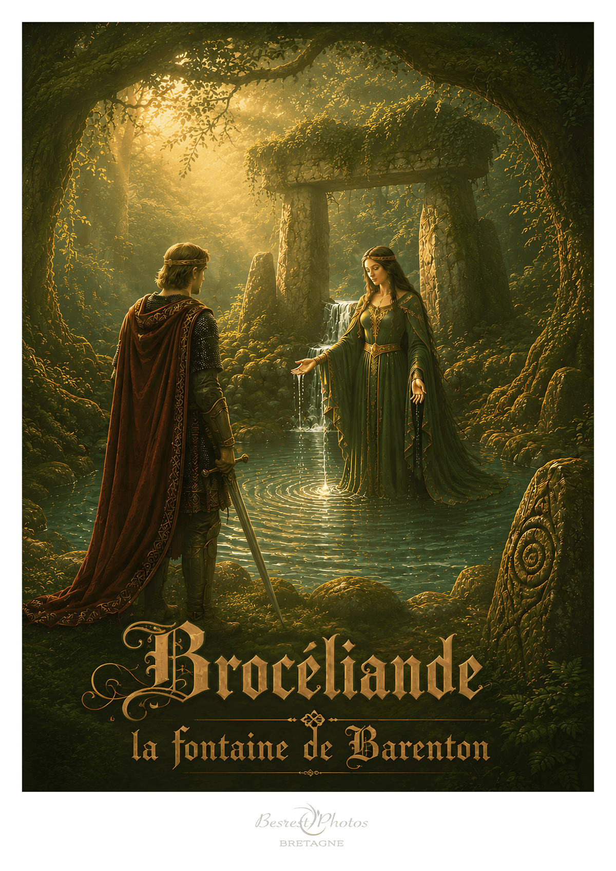 Affiche illustrée de la fontaine de Barenton à Brocéliande — création originale de Franck Besrest