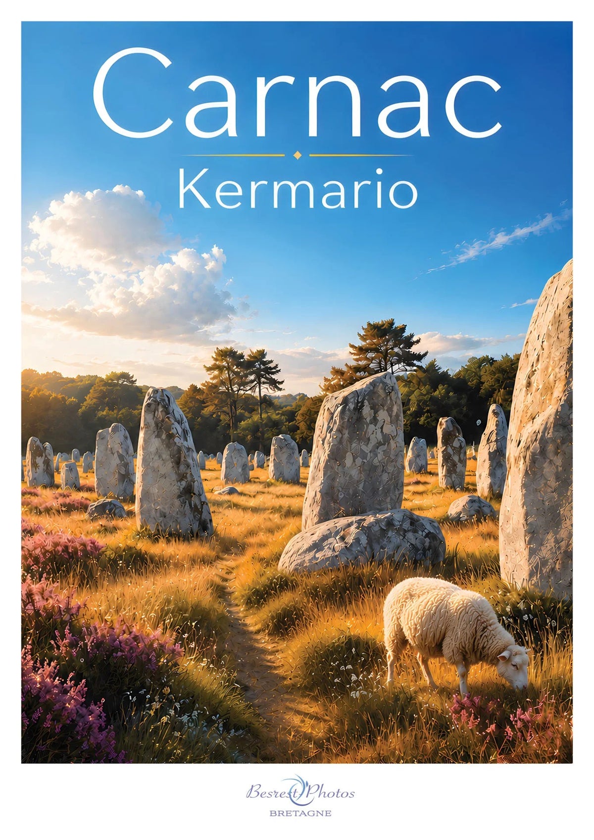Affiche illustrée des menhirs de Kermario à Carnac — création originale de Franck Besrest