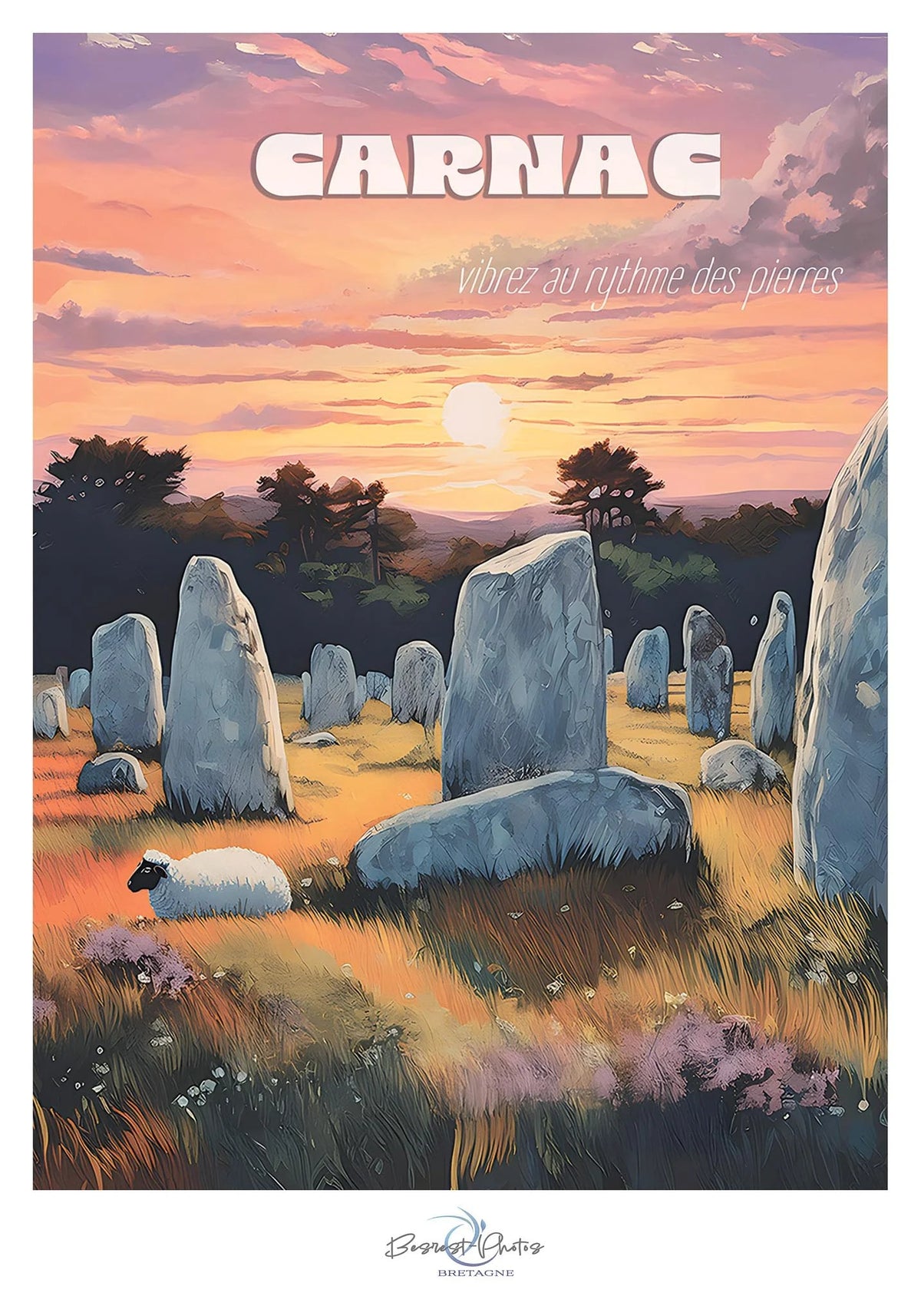 Affiche des alignements de Carnac, Vibrez au rythme des pierres — création originale de Franck Besrest