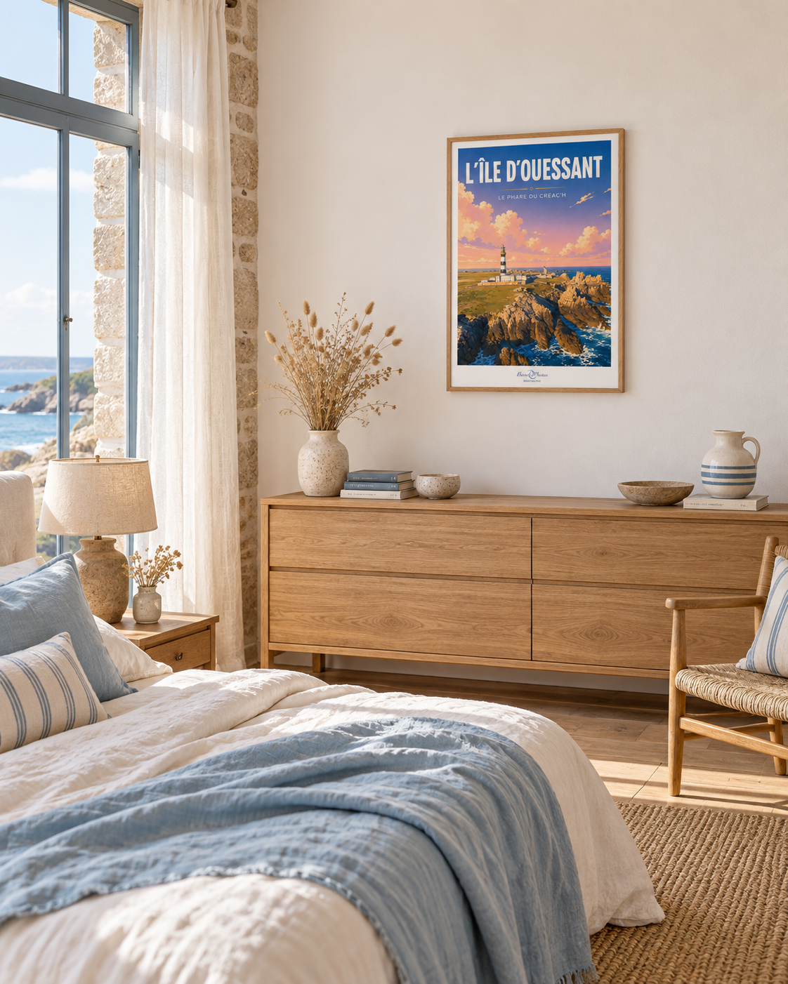 Affiche — Ouessant — Le Phare du Créac’h mise en situation dans un intérieur