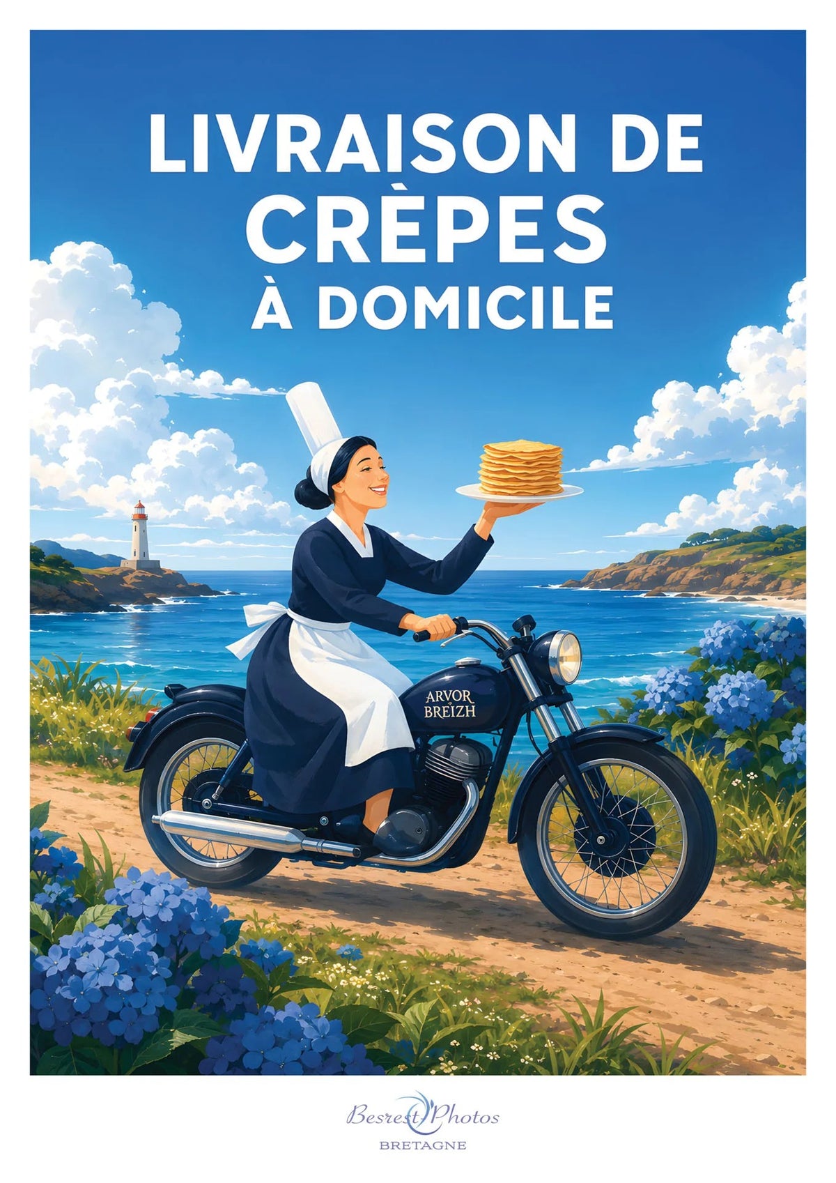 Affiche humoristique bretonne, livraison de crêpes à domicile — création originale de Franck Besrest