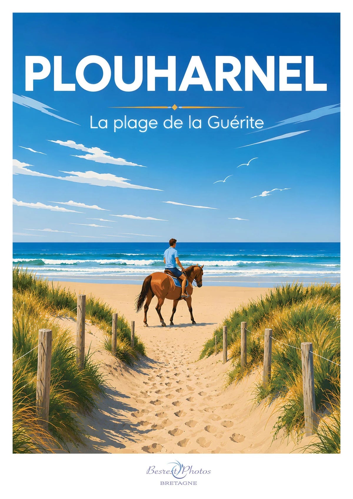 Affiche illustrée de la plage de la Guérite à Plouharnel — création originale de Franck Besrest