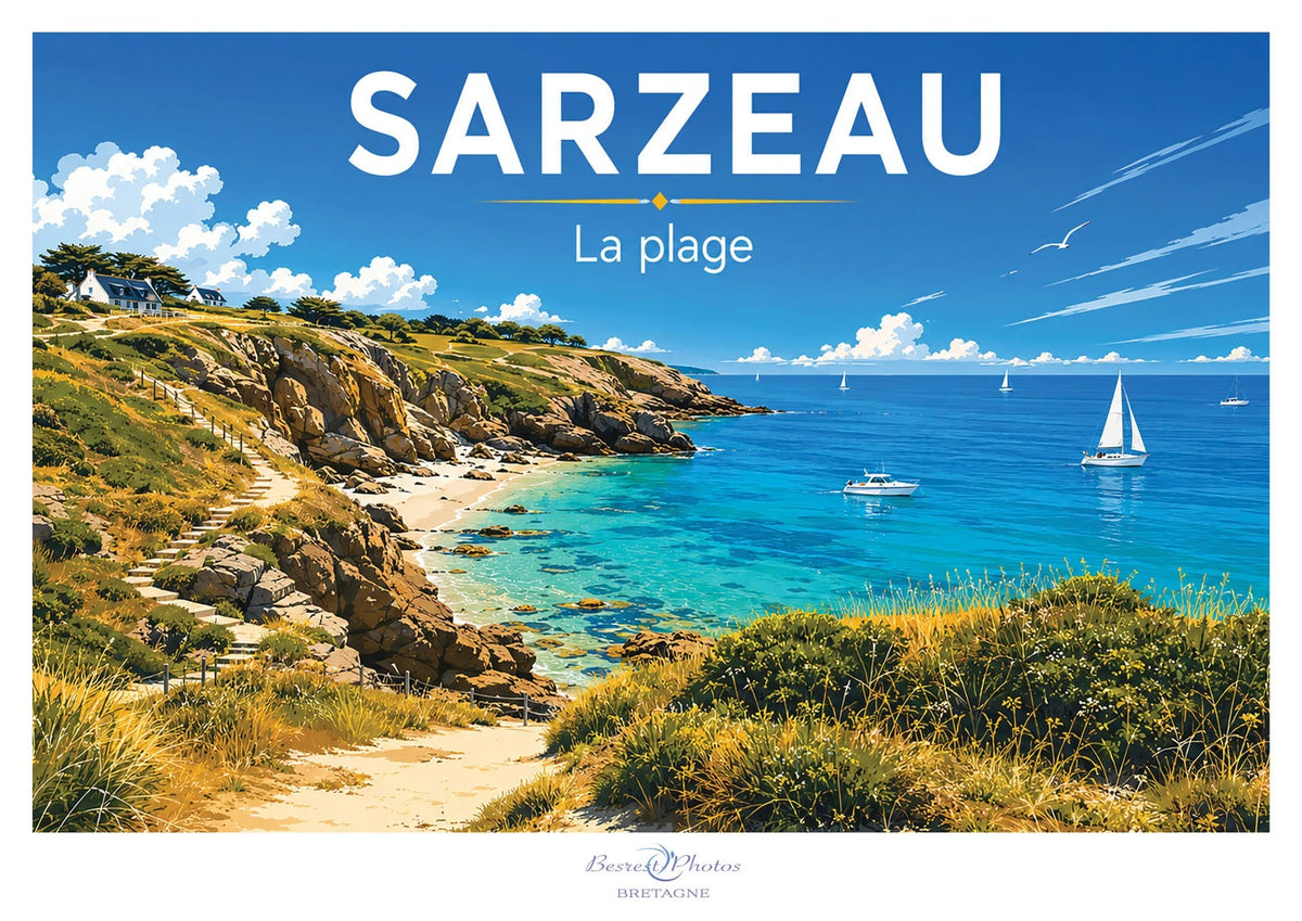 Affiche illustrée de la plage de Sarzeau — création originale de Franck Besrest